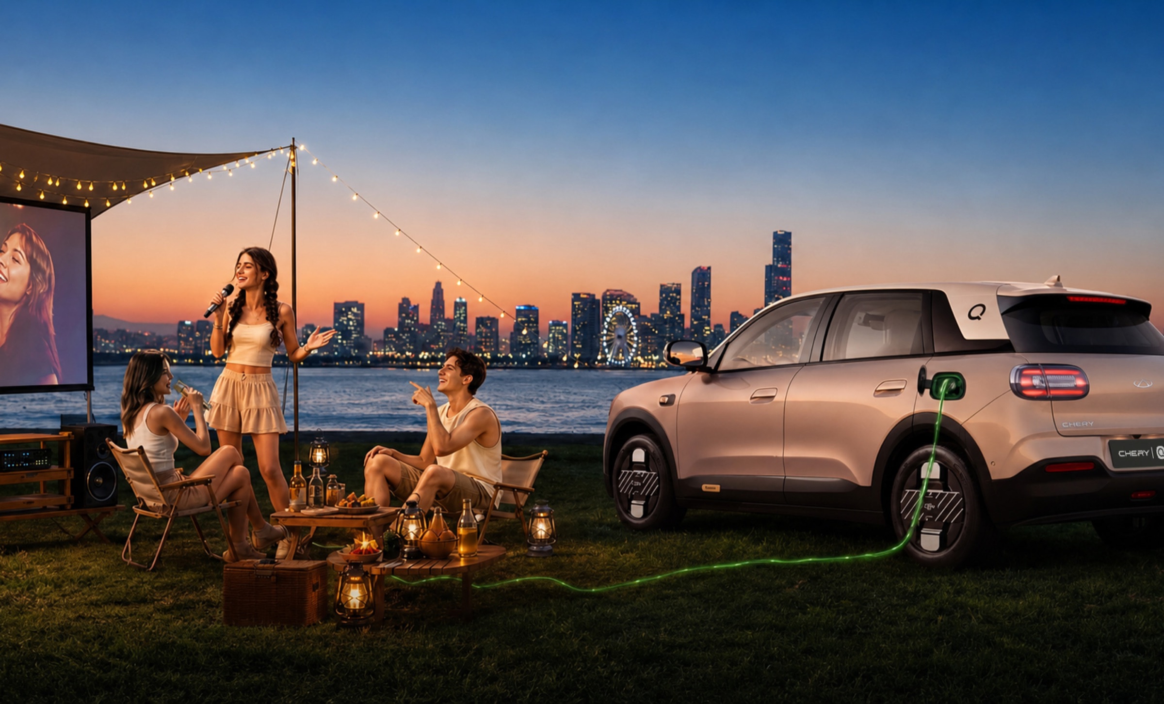 Chery Q powering an outdoor karaoke and cinema setup